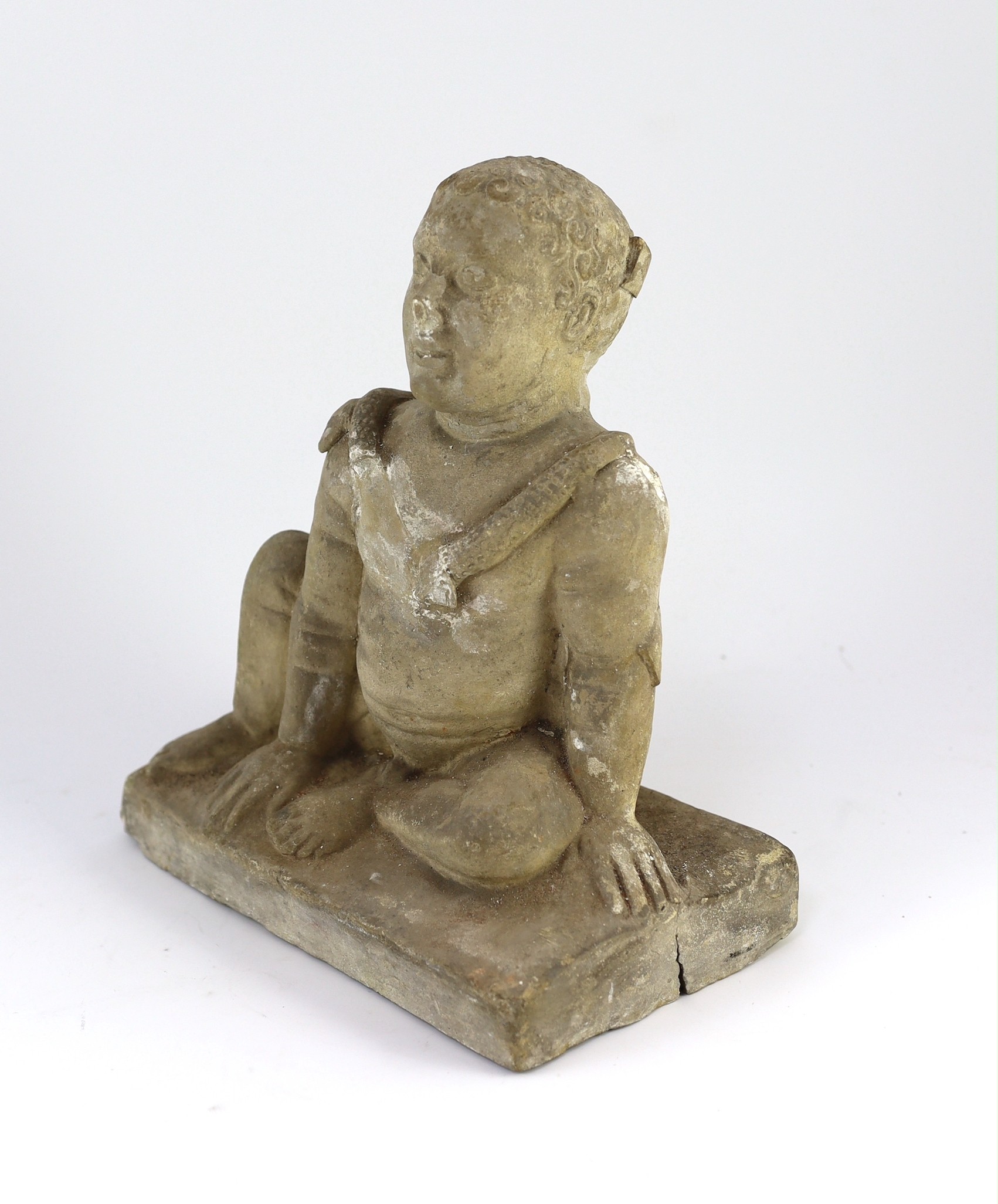 A Cypriot terracotta seated figure of a temple boy, Cypro-Classical II, c.4th century B.C., 29cm high 24cm wide